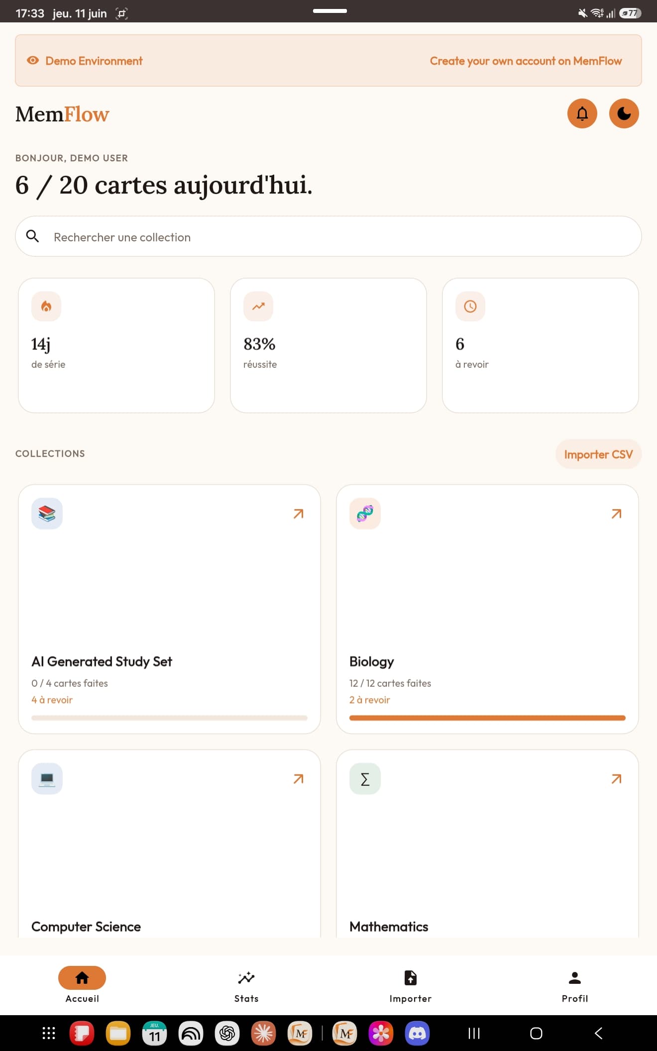 Tableau de bord MemFlow: vue d'ensemble des collections