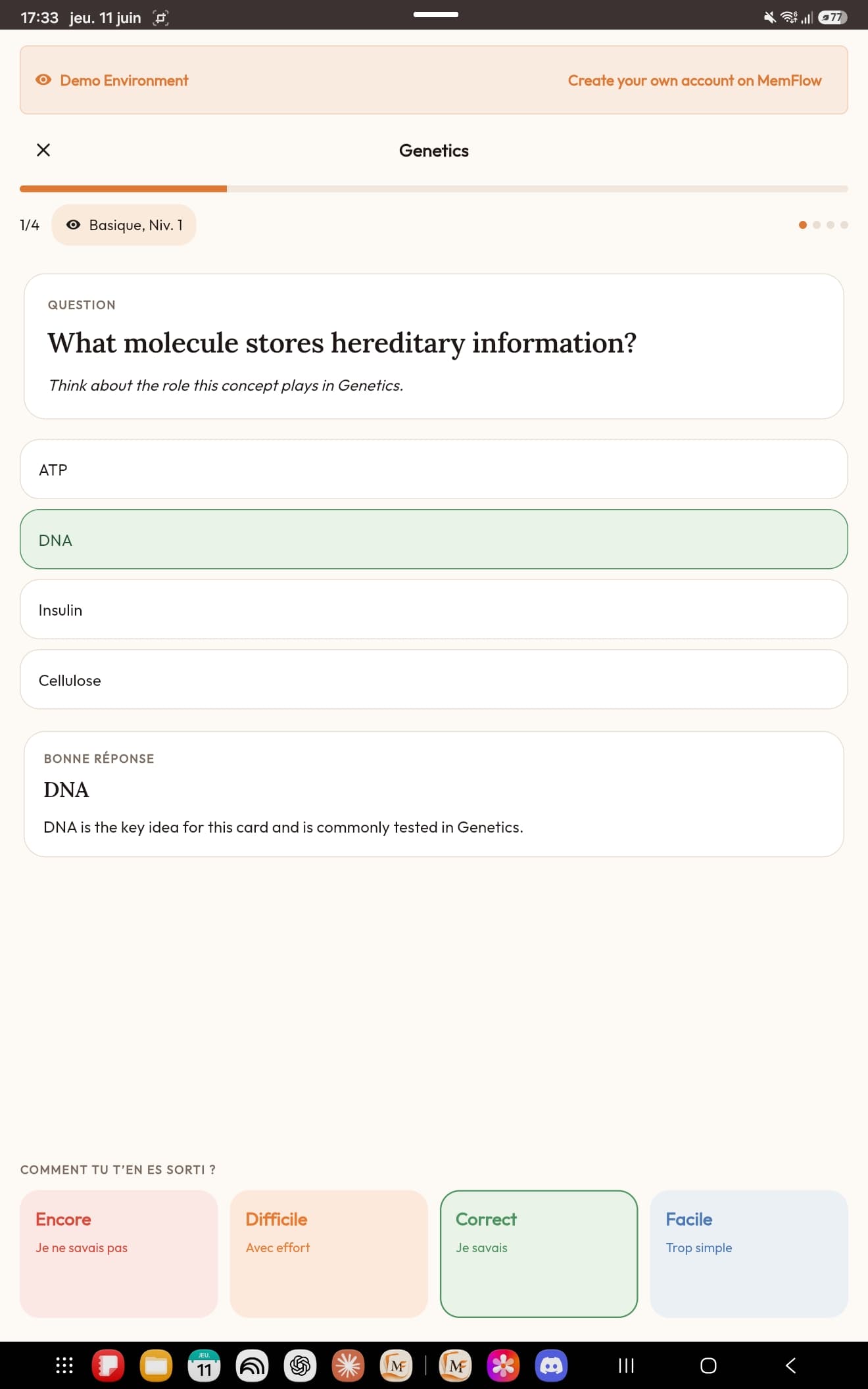 Mode QCM: réponse correcte sur une carte ADN