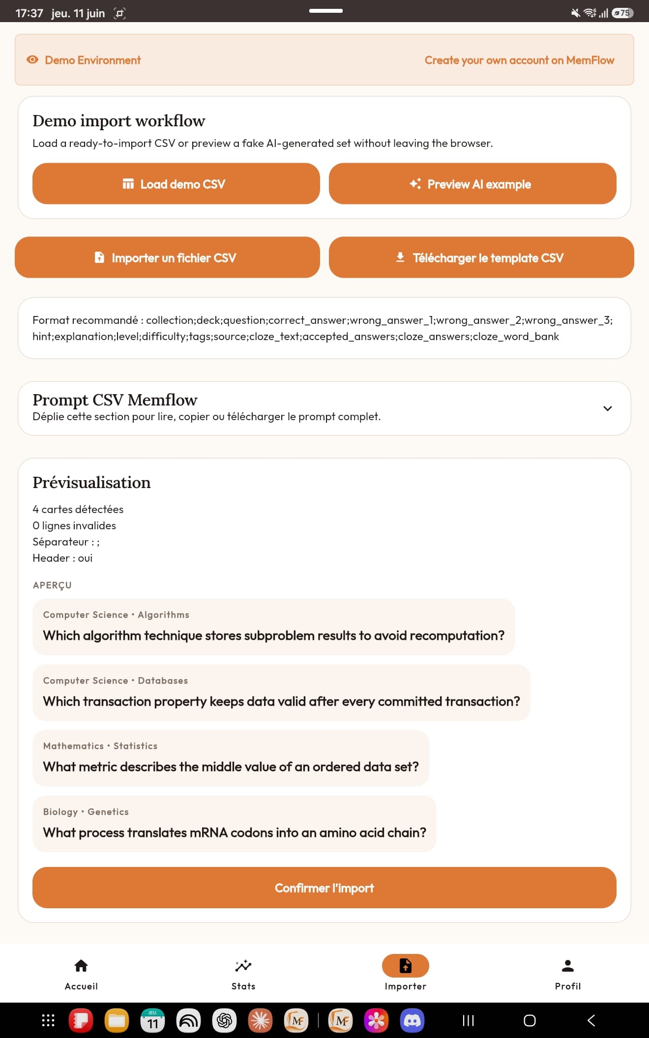 Import CSV: prévisualisation des cartes avant importation